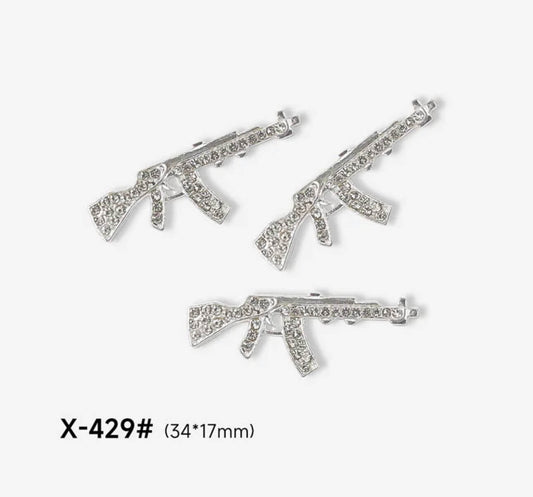 3D Rhinestone Nail Charm Gold Silver Gun Design 2pcs/bag Premier Nail Supply